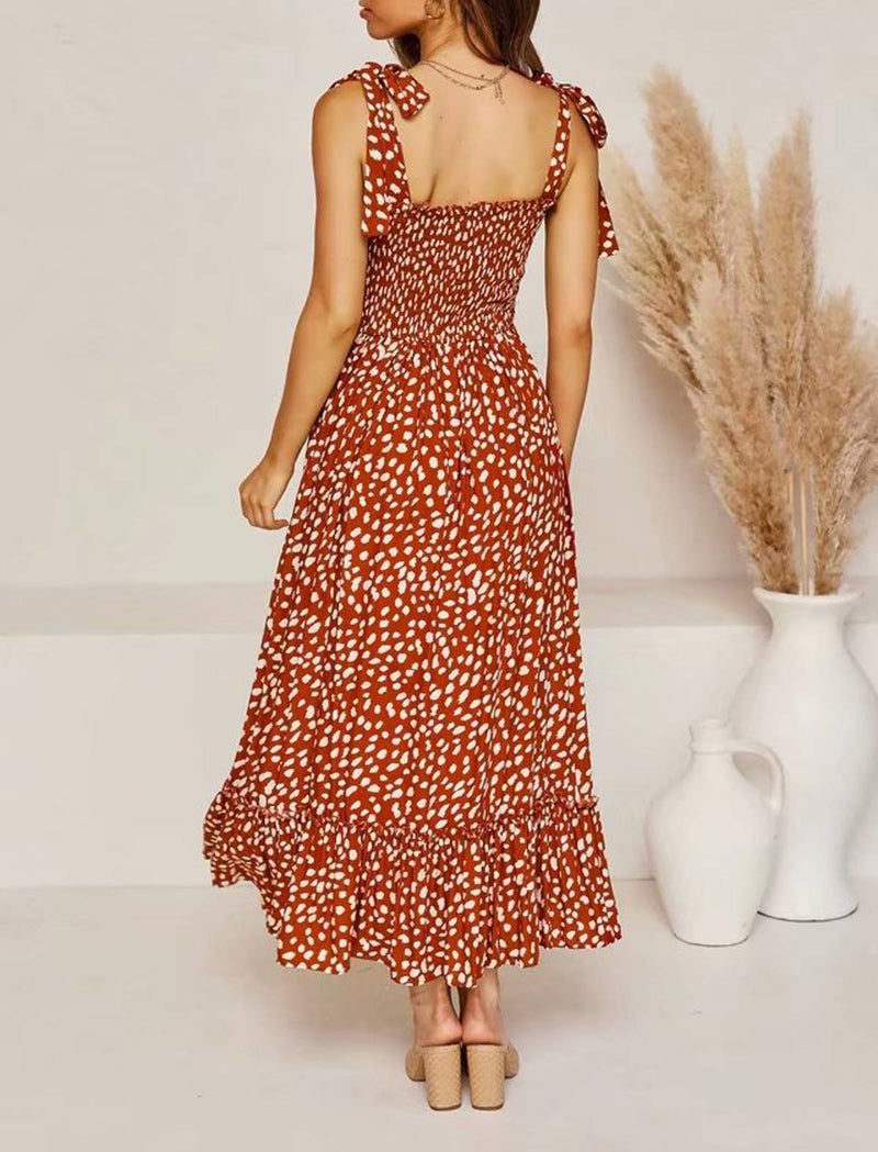 R.Vivimos Women's Summer Straps Cotton Irregular Polka Dot Ruffles Midi Dress (Small, Orange) - Image 2